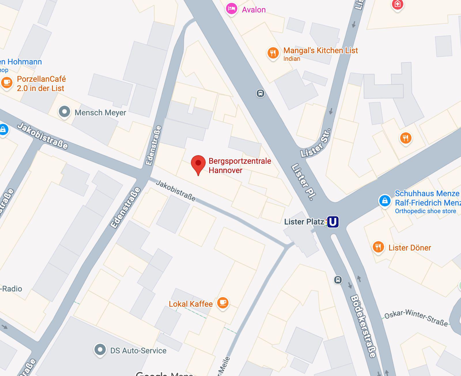 Karte — Bergsportzentrale Hannover, Jakobistraße 8, am Lister Platz in Hannover