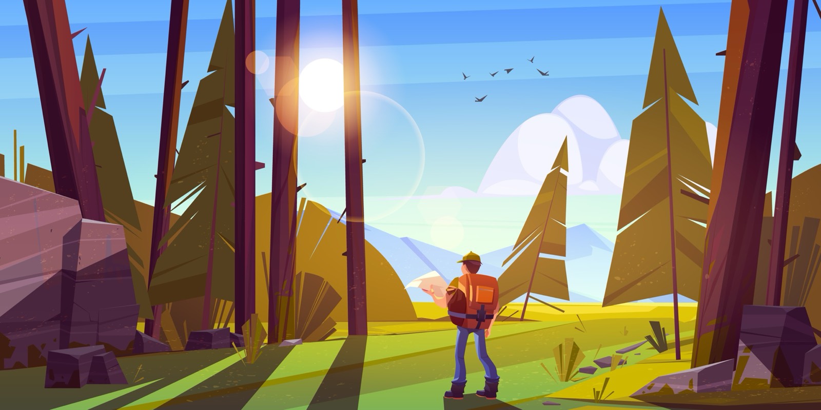 Wanderer mit Karte im Wald — Illustration